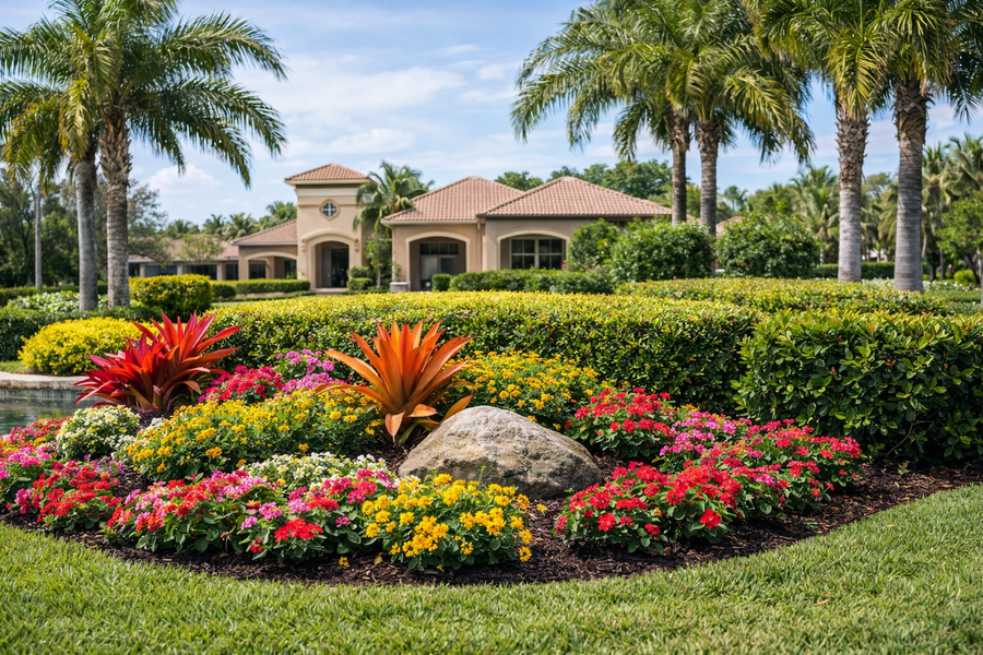 Tropical garden with colorful flowers and palm trees in front of a large stucco house