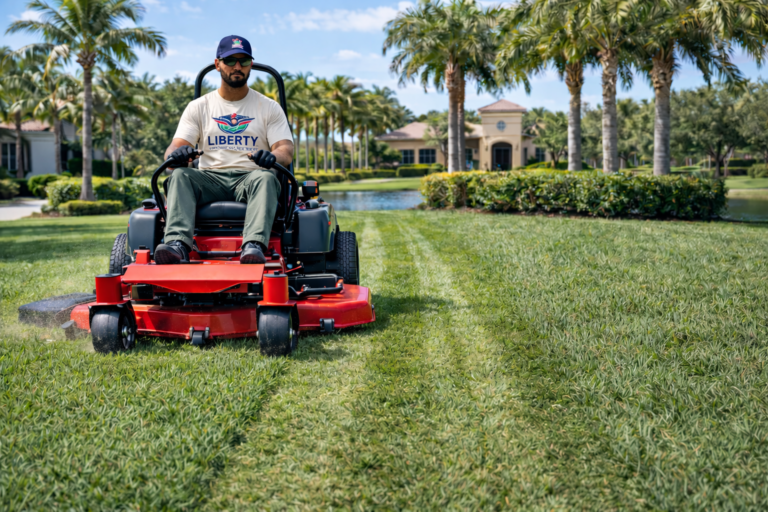 Man mowing a bright red lawn mower across a green lawn in a palm-lined neighborhood