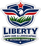 Liberty Lawn Care & Landscaping logo with shield, eagle, star, and “Veteran Owned” banner