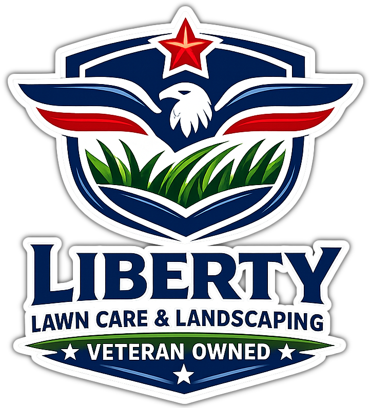 Liberty Lawn Care & Landscaping logo with shield, eagle, star, and &ldquo;Veteran Owned&rdquo; banner