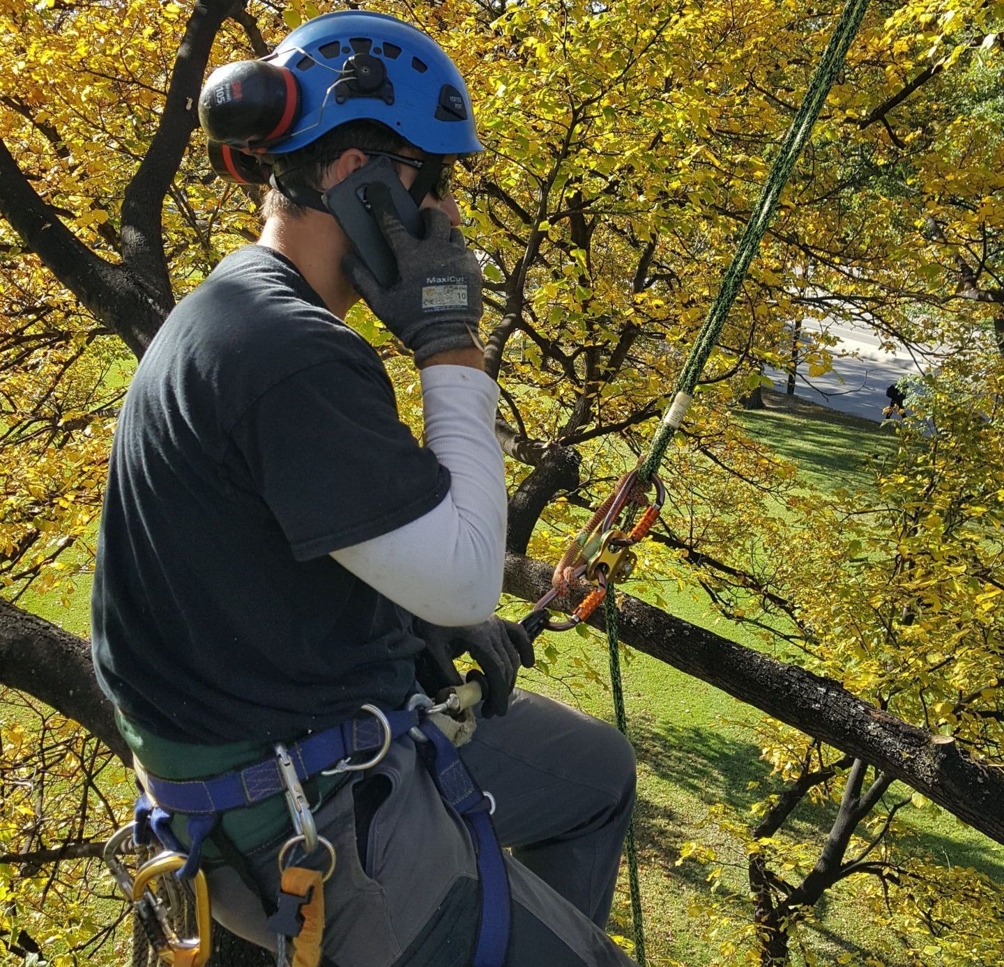 A man wearing a blue helmet is talking on a cell phone
