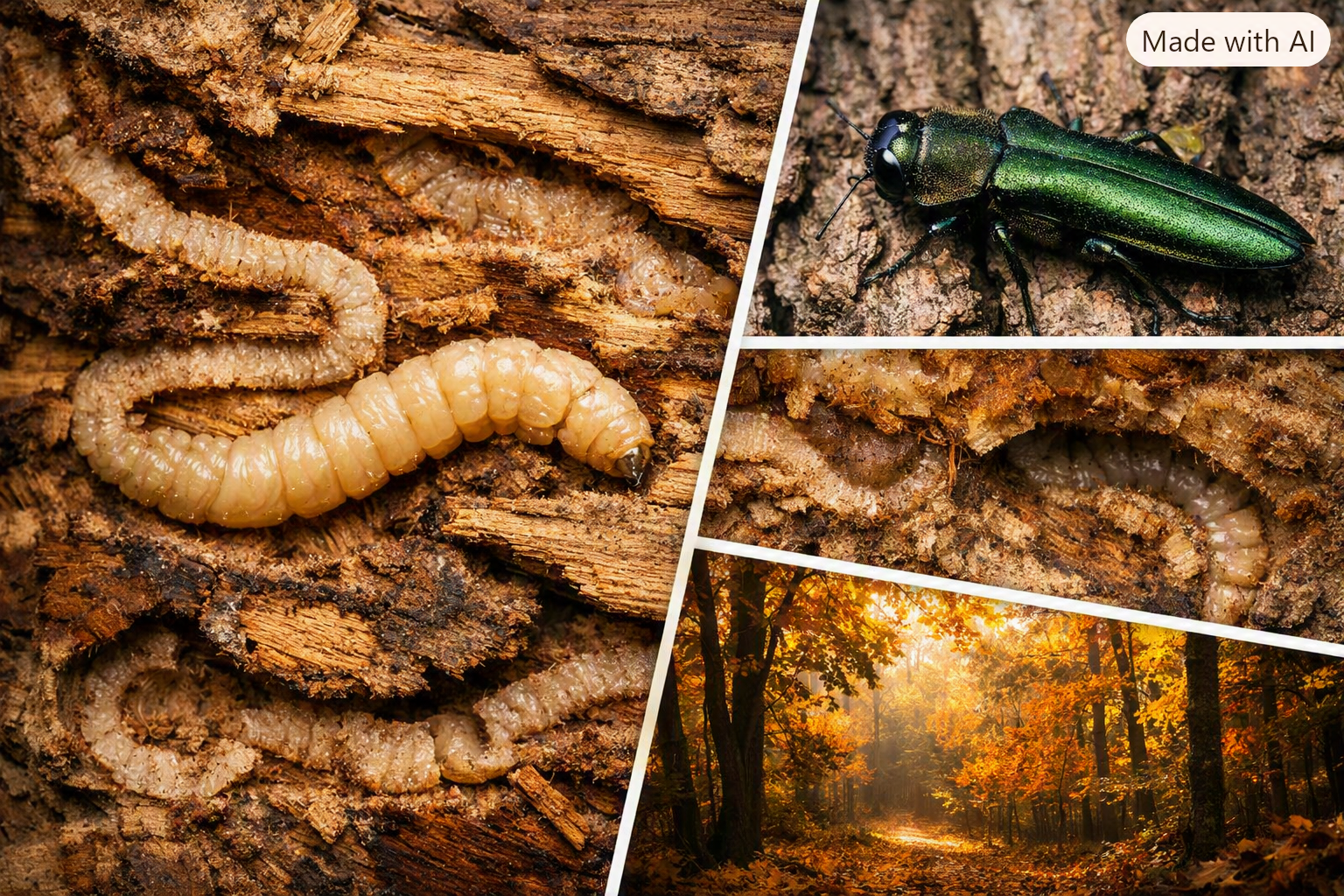 Beige and green beetle larvae on bark, with a shiny green beetle and autumn forest inset.
