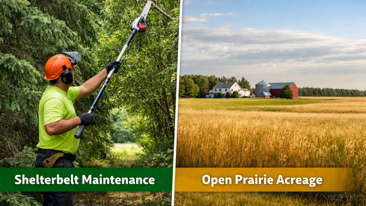 Side-by-side: worker trimming shelterbelt trees and open prairie acreage with farm buildings