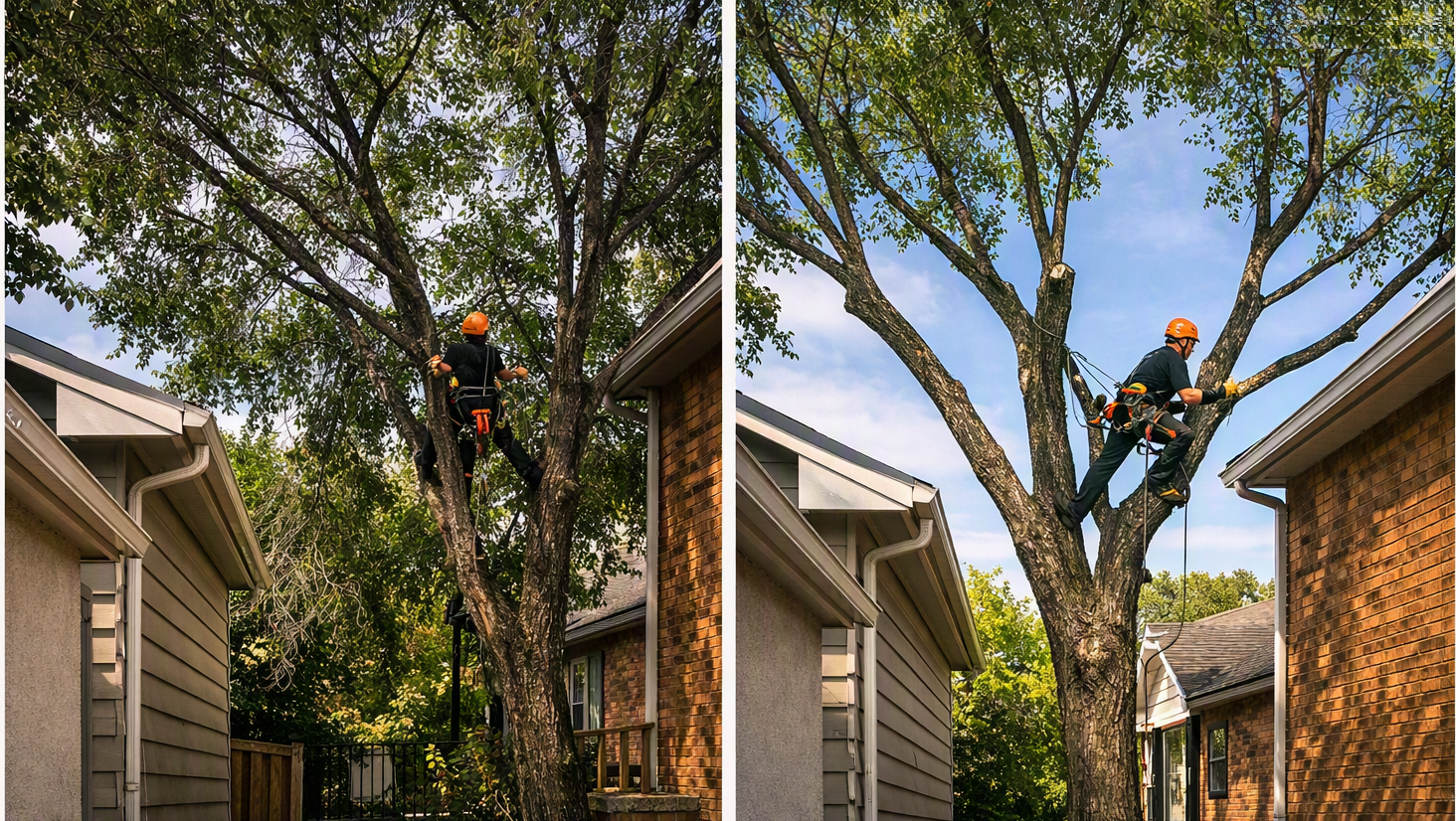 Tree trimmer in orange helmet working high in a backyard tree between two houses