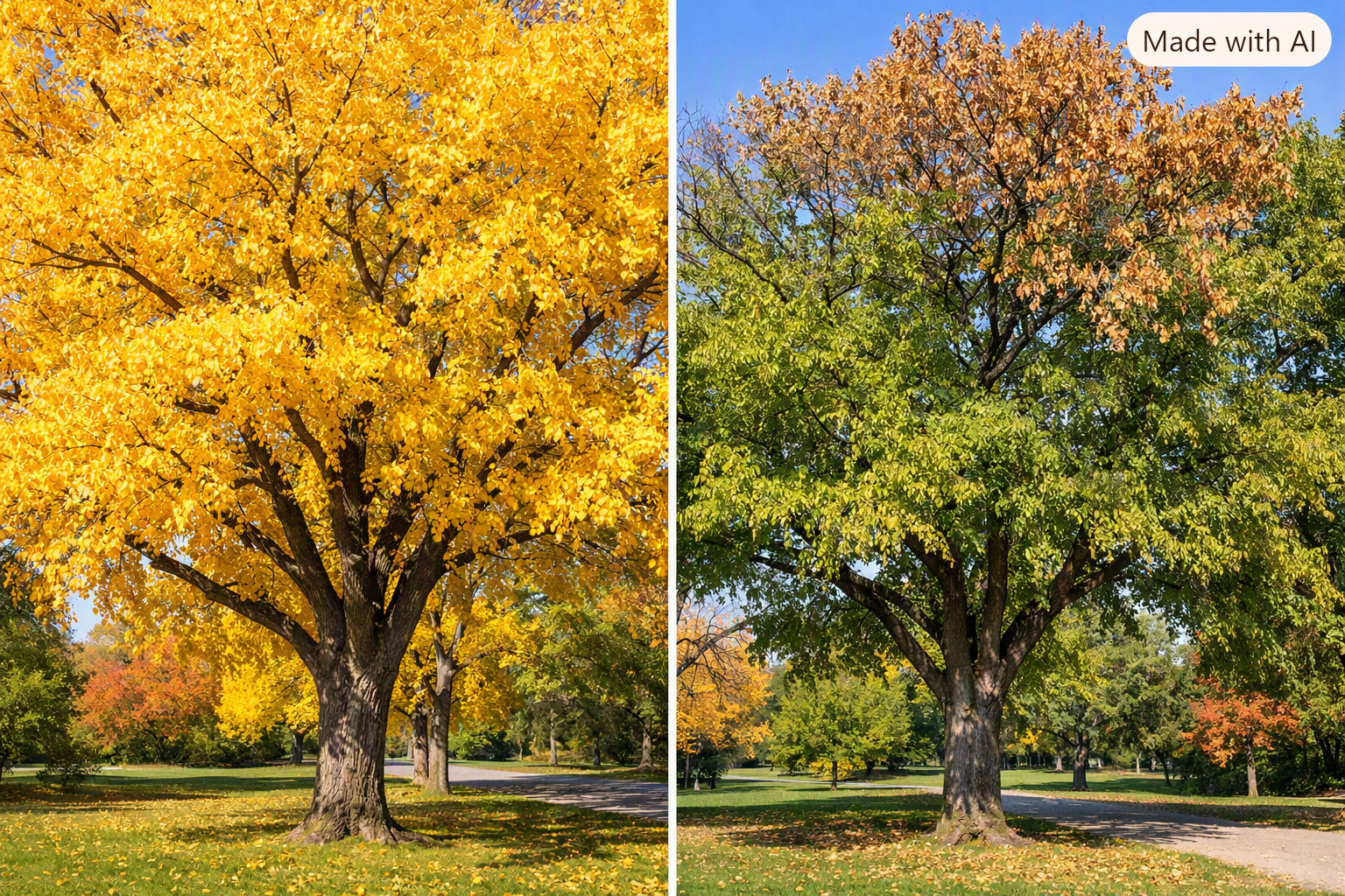 Autumn tree with golden leaves in a park, shown beside a greener version for comparison