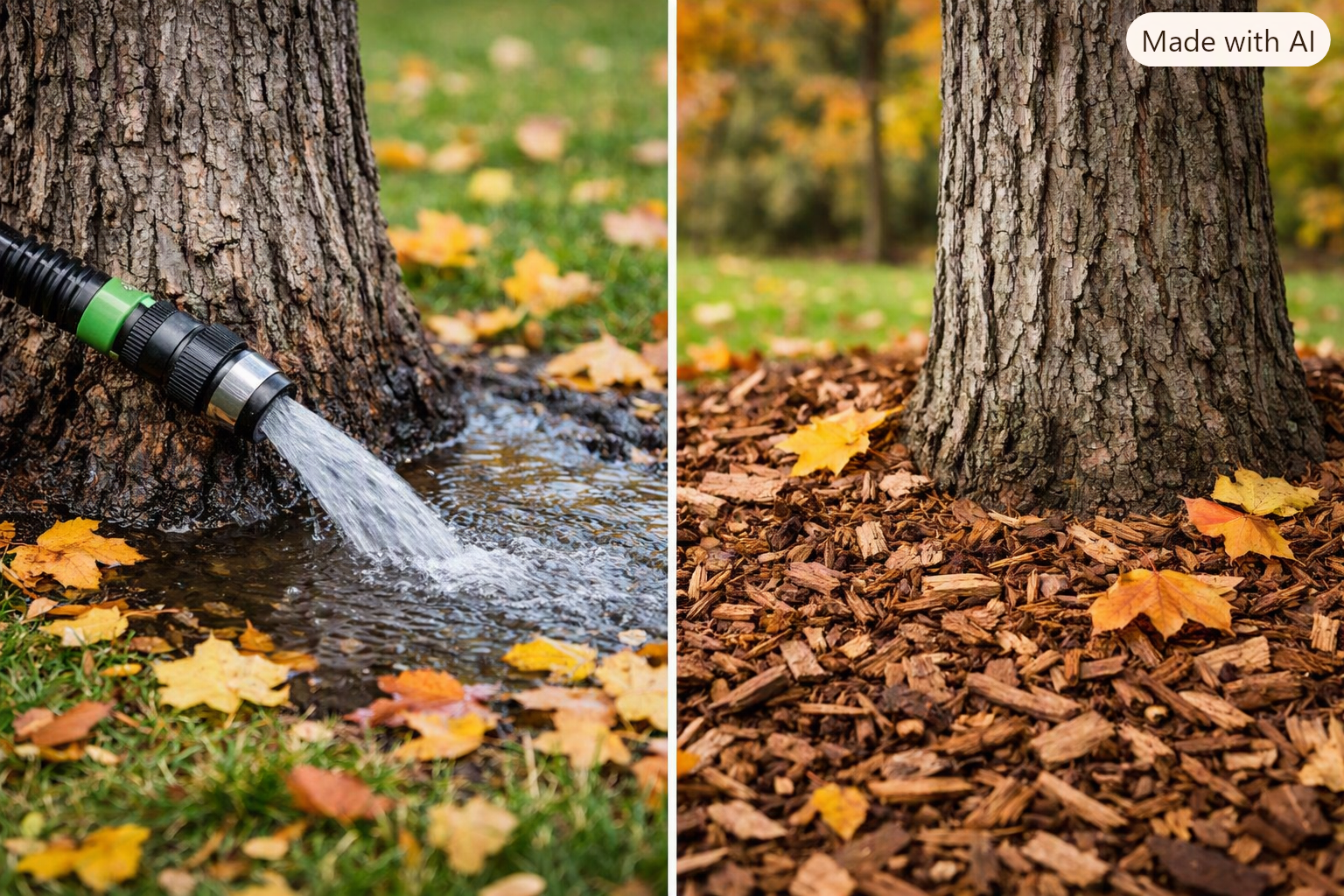 Split image of a tree being watered with a hose, then dry leaves around the trunk.