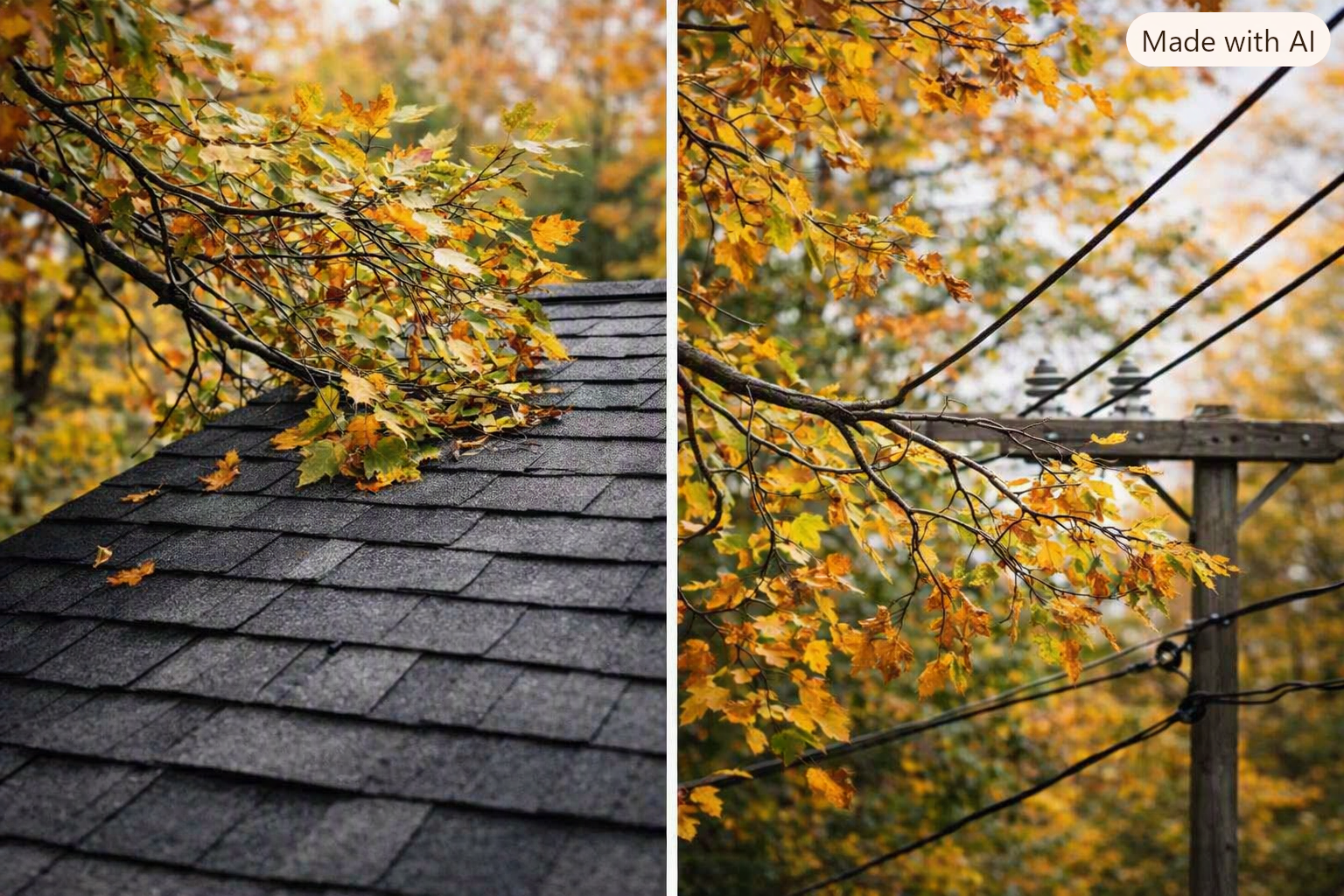 Autumn leaves over a gray shingled roof and utility pole, with tangled branches against a warm fall backdrop