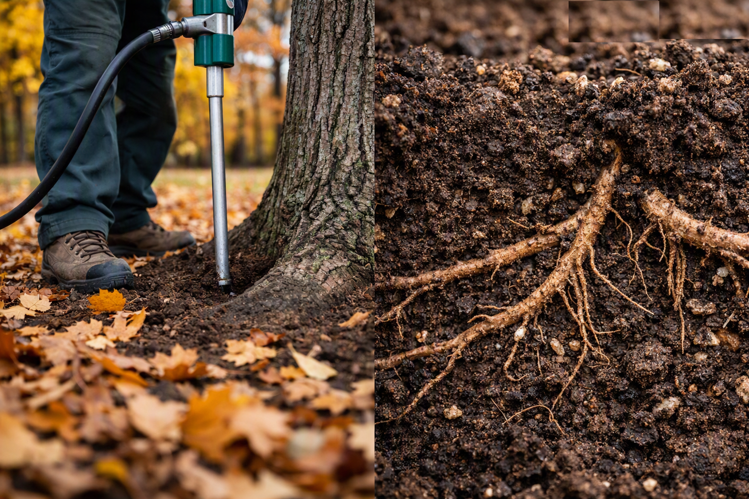 Person using a shovel to dig around exposed tree roots in an autumn forest.