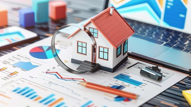 Miniature house on financial charts with laptop and magnifying glass, suggesting real estate analysis