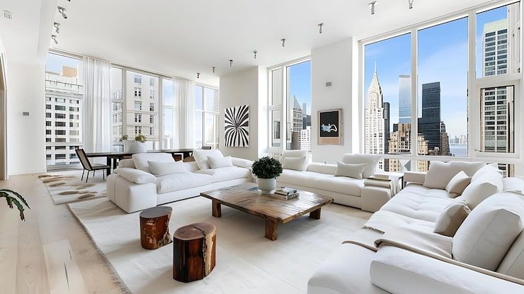 Bright modern living room with white sofas, wooden coffee table, and floor-to-ceiling windows overlooking city towers