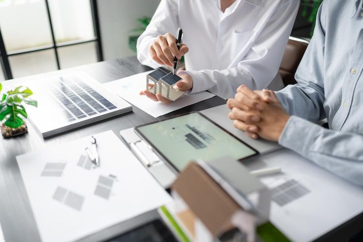Two people review architectural model plans at a desk with a laptop and tablet