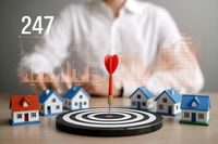 Hand placing a red dart on a target amid small houses, with “247” and financial chart overlay