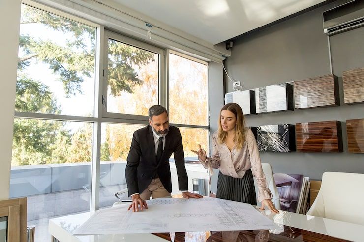 Two coworkers review blueprints in a bright modern office with large windows.