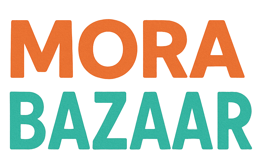Logotipo para Mora Bazaar, texto naranja en la parte superior y texto turquesa debajo.