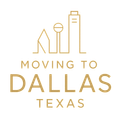 A gold line-art illustration of the Dallas skyline above the text