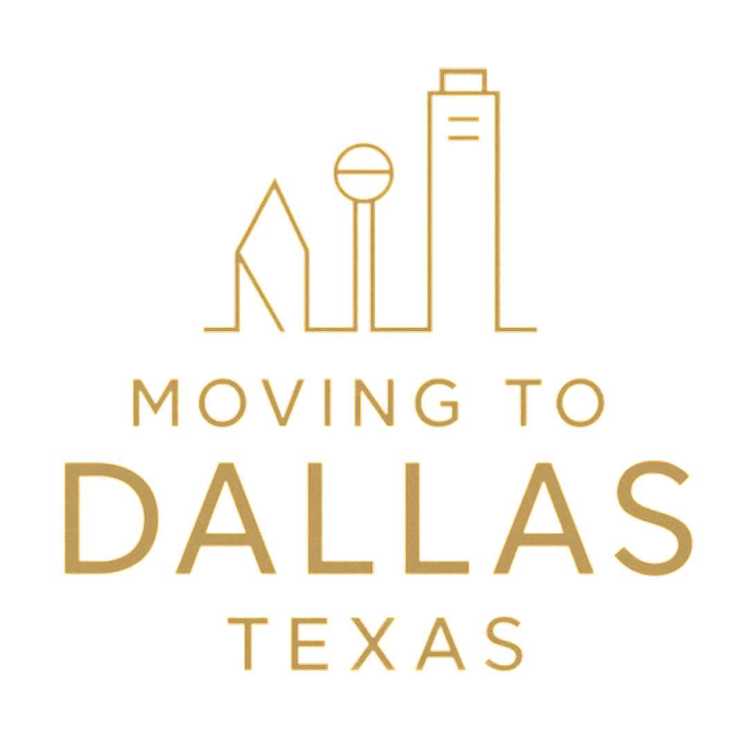 A gold line-art illustration of the Dallas skyline above the text