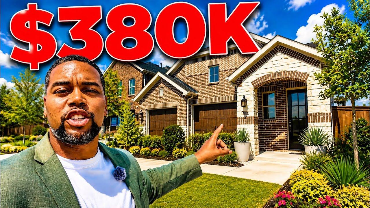 Man pointing at a brick house with large red “$380K” text in the top left.