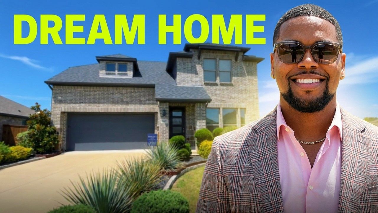 Luxury house with a man in sunglasses and “DREAM HOME” text overlay.