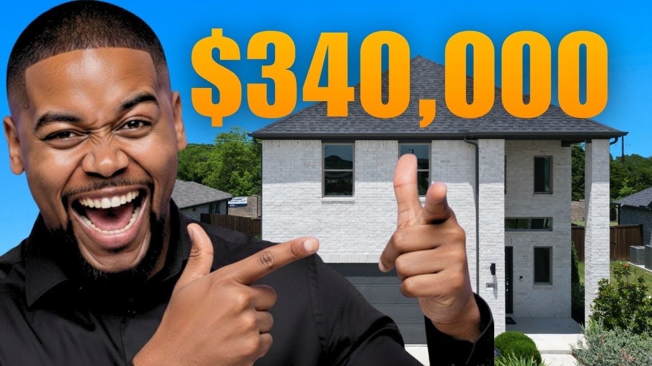 Smiling man pointing at a modern house with large orange “$340,000” text above it
