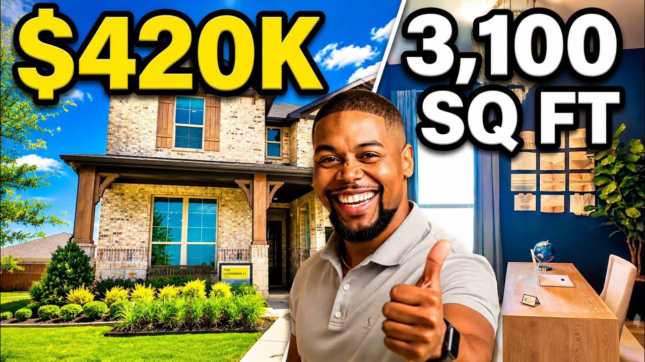 House exterior with “$420K” and “3,100 SQ FT” text, plus a smiling man giving a thumbs-up inside a living room.