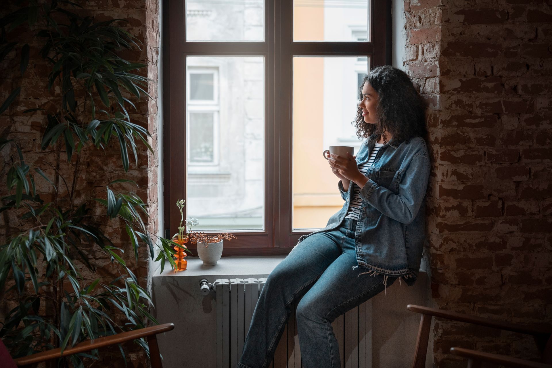 A woman is sitting on a window sill holding a cup of coffee.