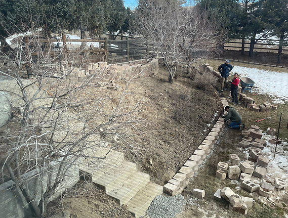 A Group of People Are Working on a Brick Wall in a Yard