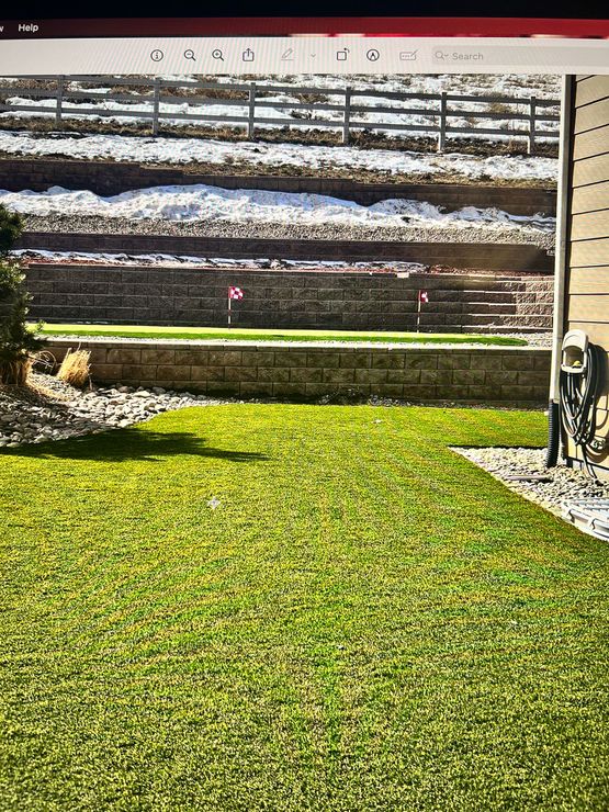 Green lawn with mini golf course, brown retaining walls, snowy hillside, and a wooden fence.