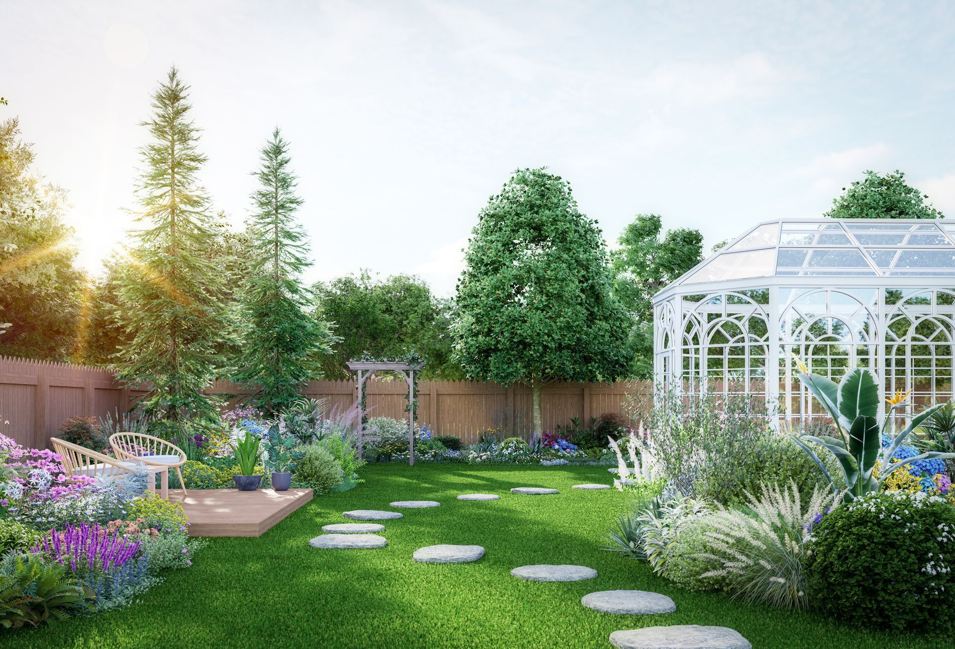 Lush backyard with a gazebo, stone path, and vibrant flower beds, bathed in sunlight.