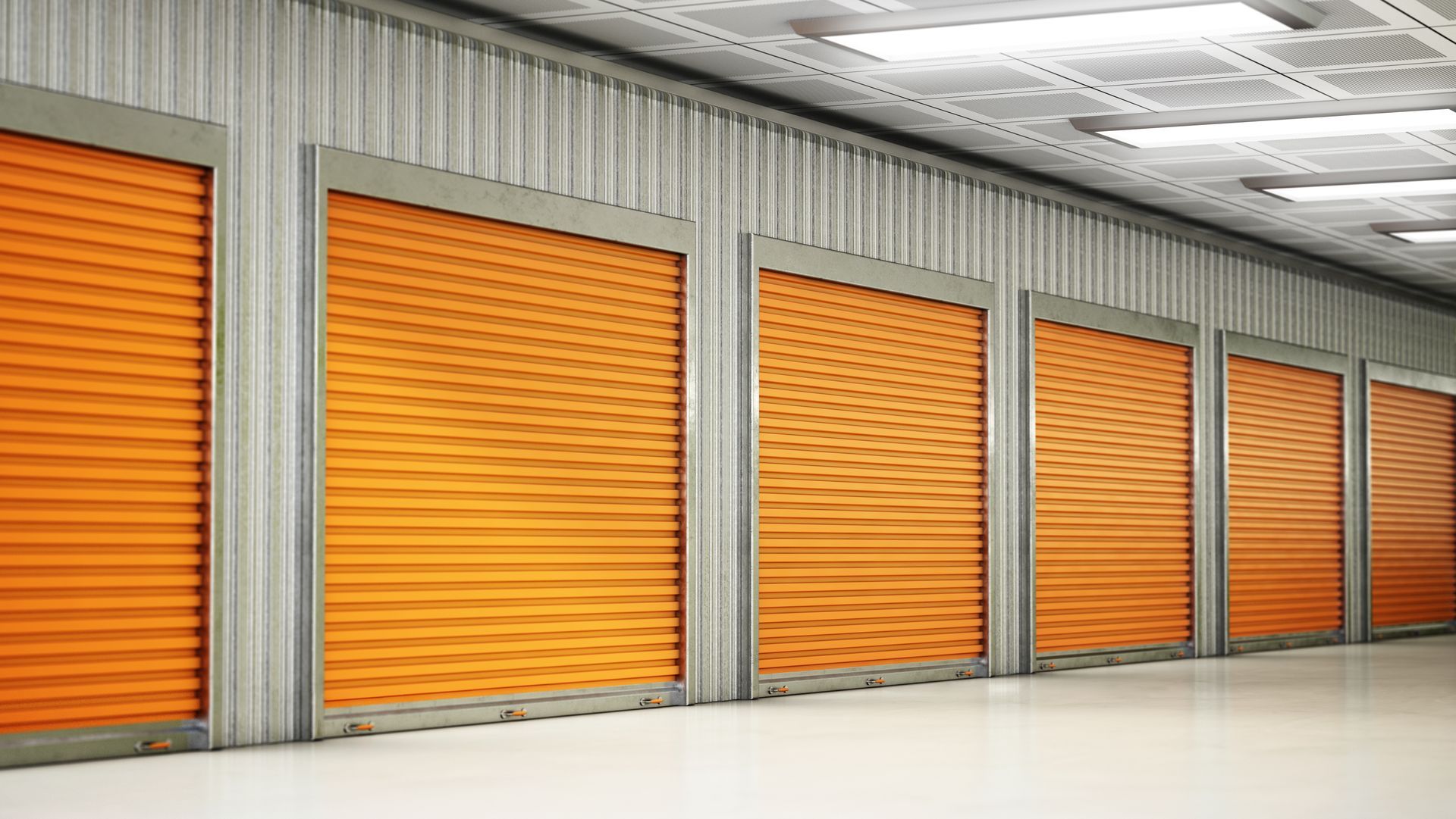 Self storage units with closed doors.