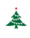 Green Christmas tree with red star and white lights.