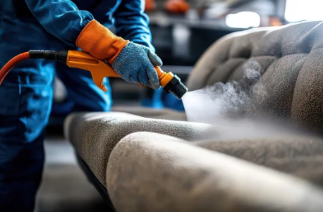 A man is cleaning a couch with a vacuum cleaner.
