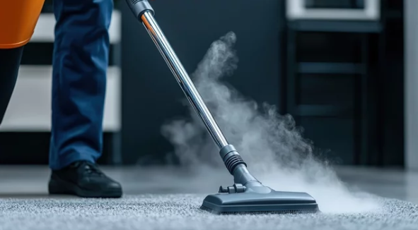 A person is cleaning a carpet with a vacuum cleaner in a living room.