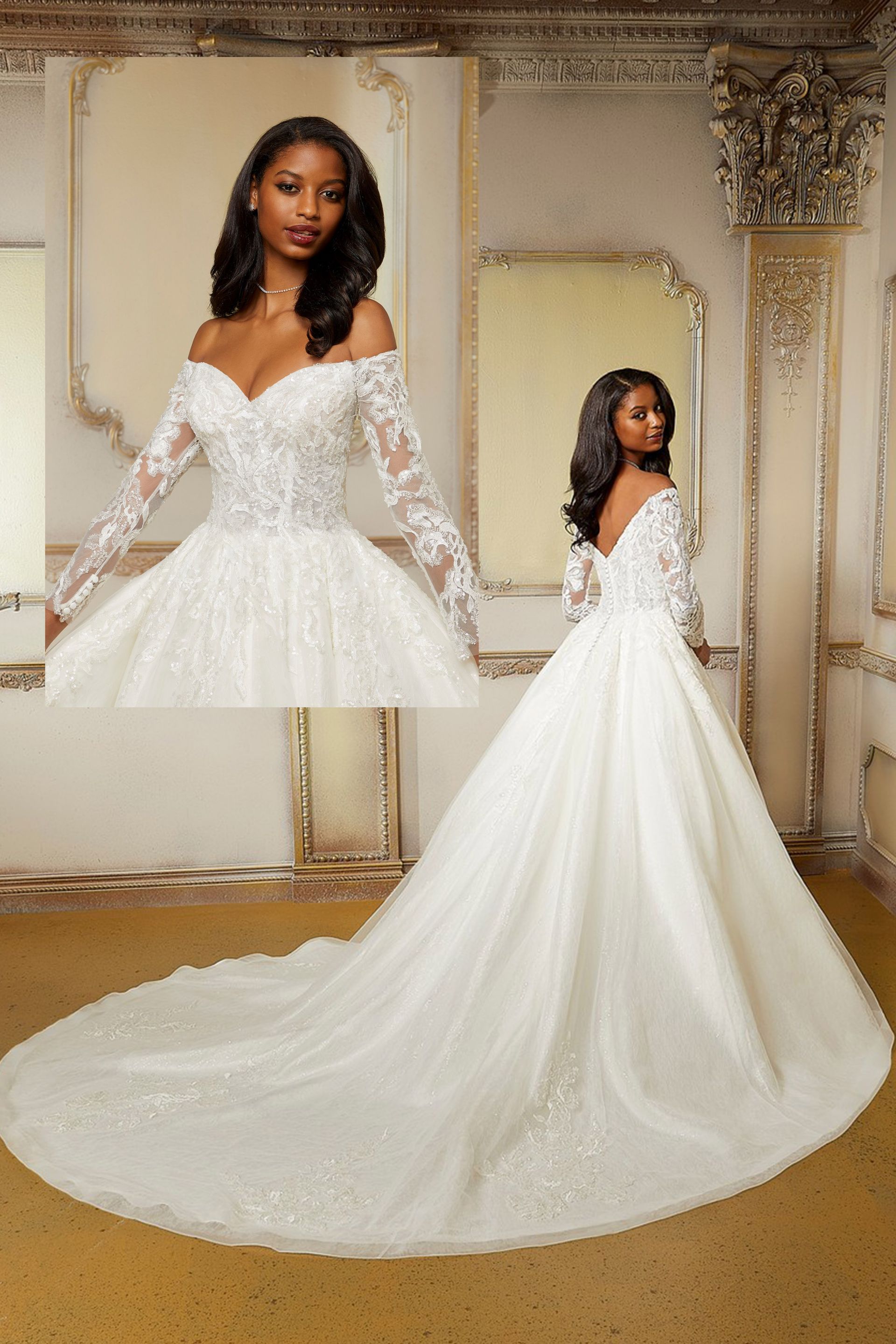 Una donna indossa un abito da sposa bianco con maniche lunghe.