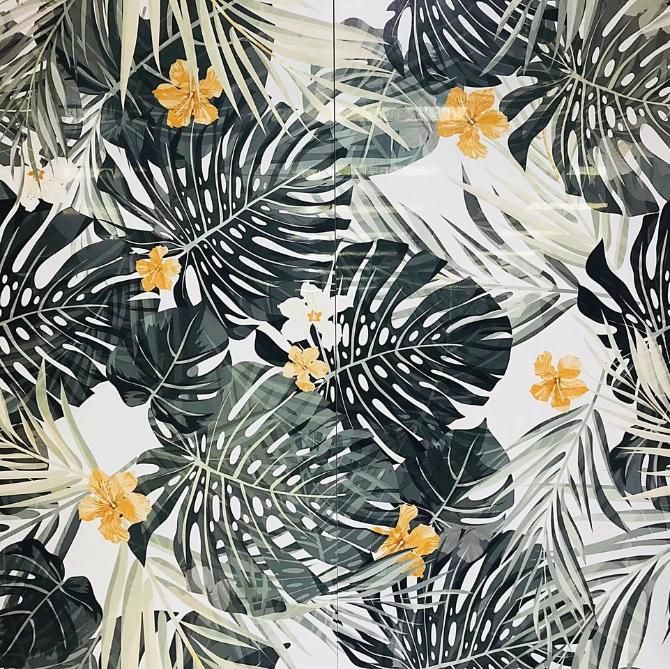 A Pattern of Tropical Leaves and Flowers on a White Background — Traditional Tiles & Flooring in Palm Cove, QLD