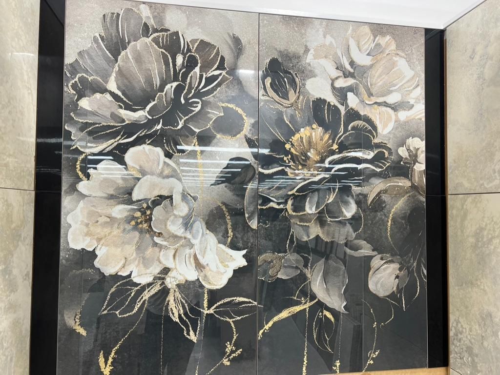 A Black and White Painting of Flowers on a Wall — Traditional Tiles & Flooring in Palm Cove, QLD