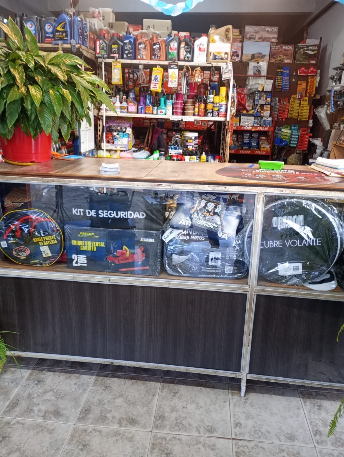Mostrador de una pequeña tienda con bolsas colgantes, aperitivos y una gran planta en maceta a la izquierda.