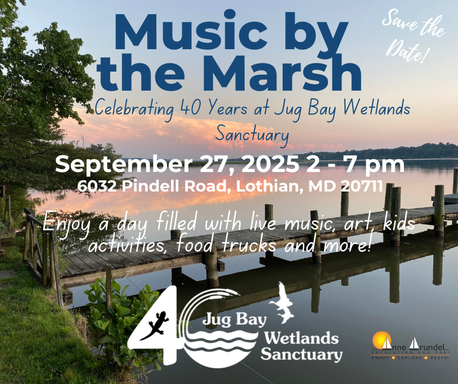 Music by the Marsh event poster at Jug Bay Wetlands Sanctuary, September 27, 2025, 2–7 pm.