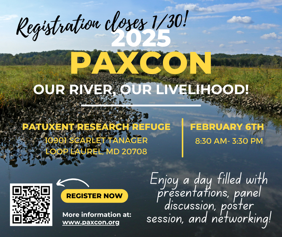 2025 PAXCON conference poster for Patuxent Research Refuge, Feb. 6, 8:30 AM–3:30 PM, with QR code and "Register Now" button