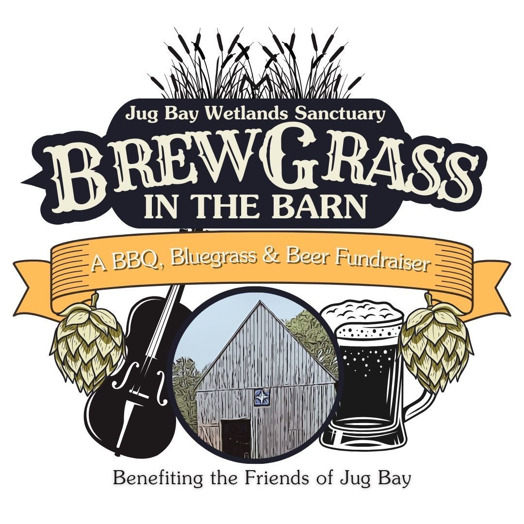 Brewgrass in the Barn fundraiser poster for Jug Bay Wetlands Sanctuary, with beer, hops, and a barn graphic