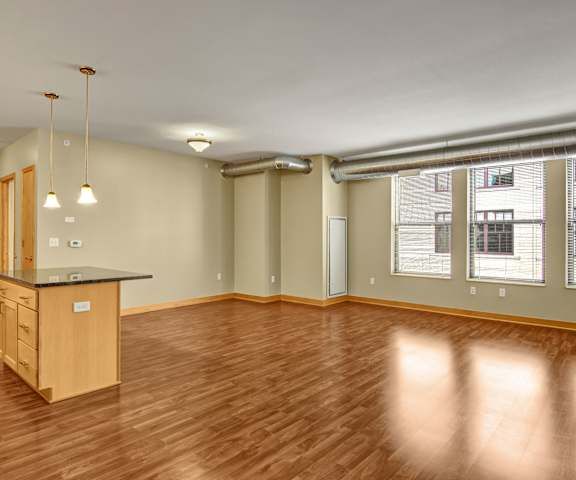Open-concept living space with hardwood floors, kitchen island, large windows, and neutral walls.
