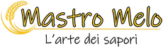 Logo “Mastro Melo” con foglia d’oro e slogan “L’arte dei sapori” su sfondo bianco