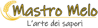 Logo “Mastro Melo” con foglia d’oro e slogan “L’arte dei sapori” su sfondo bianco