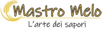 Logo “Mastro Melo” con foglia d’oro e slogan “L’arte dei sapori” su sfondo bianco
