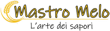 Logo “Mastro Melo” con foglia d’oro e slogan “L’arte dei sapori” su sfondo bianco