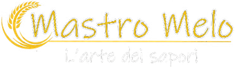 Logo dorato “Mastro Melo” con emblema di spiga di grano e slogan “l'arte dei sapori” sottostante su sfondo bianco.
