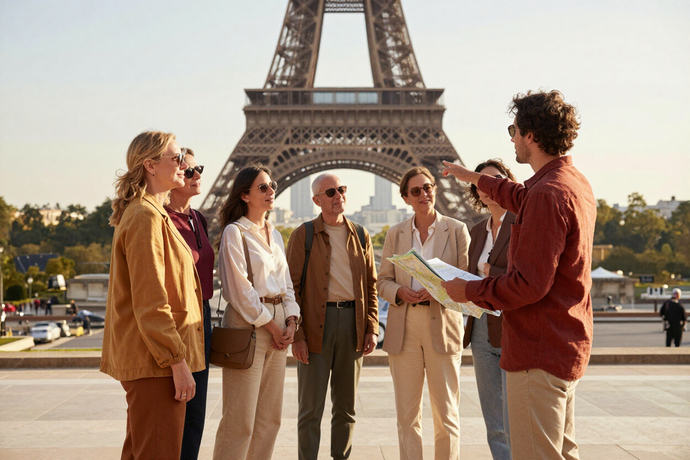 Group of tourists talking in front of the Eiffel Tower on a sunny day