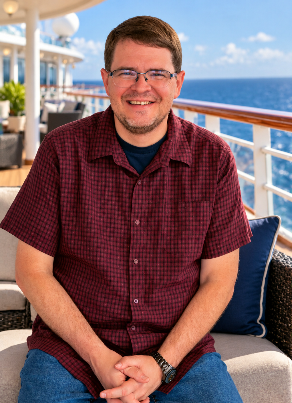 Smiling man in beige jacket walking on a dock beside a large cruise ship