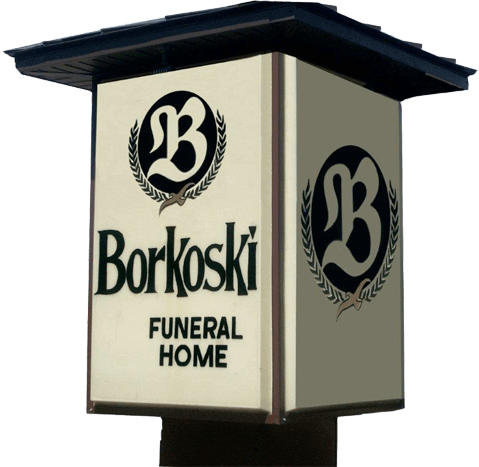 Borkoski Funeral Home sign with black logo on cream-colored illuminated box display