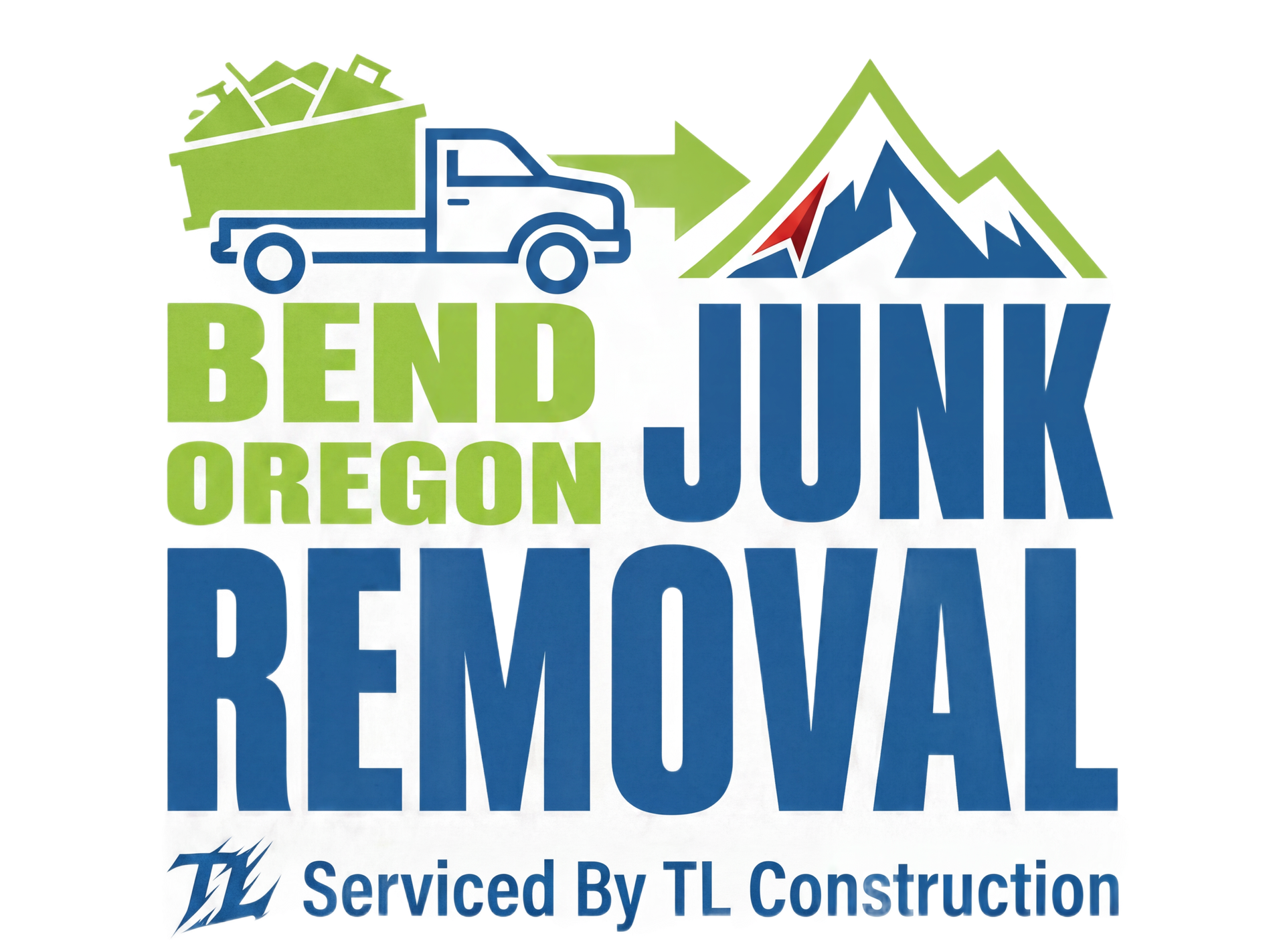 Bend, Oregon junk removal logo with blue truck, green mountains, and “Serviced by TL Construction” text