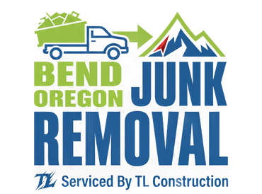 Bend, Oregon junk removal logo with blue truck, green mountains, and “Serviced by TL Construction” text